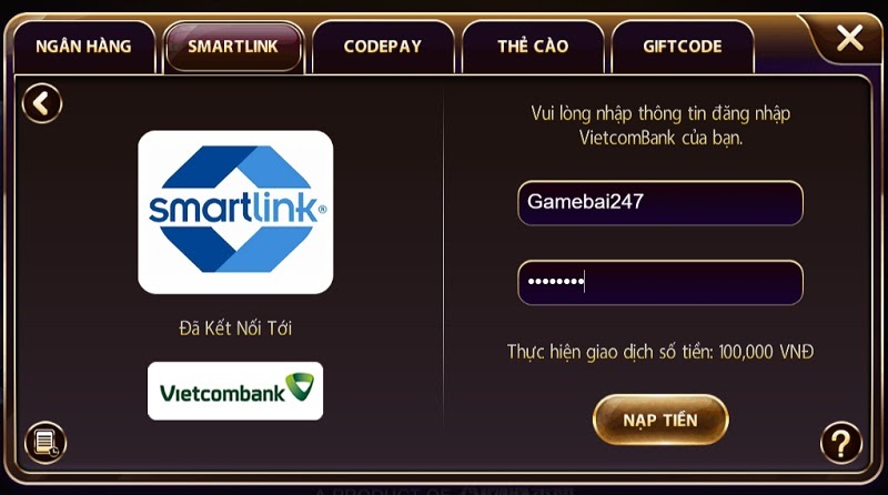 Nạp tiền nhanh chóng qua Smartlink của cổng game Macau Club