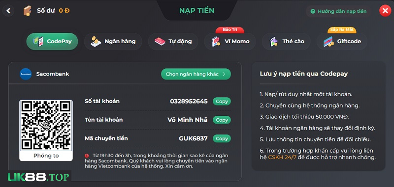 Nạp tiền thông qua hình thức Codepay đặc sắc