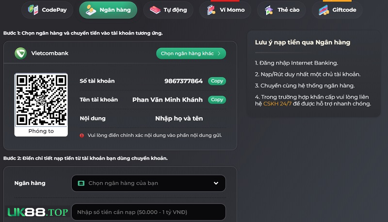 Nạp tiền nhanh qua hệ thống ngân hàng nội địa chính chủ