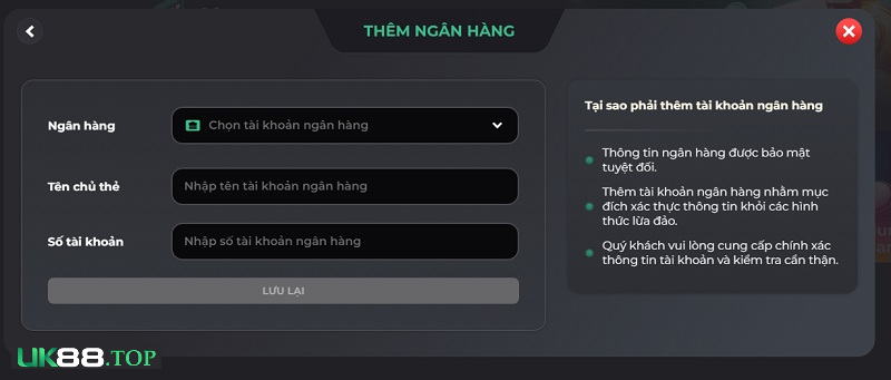Tài khoản ngân hàng chính chủ sử dụng cho quy trình nạp rút tiền